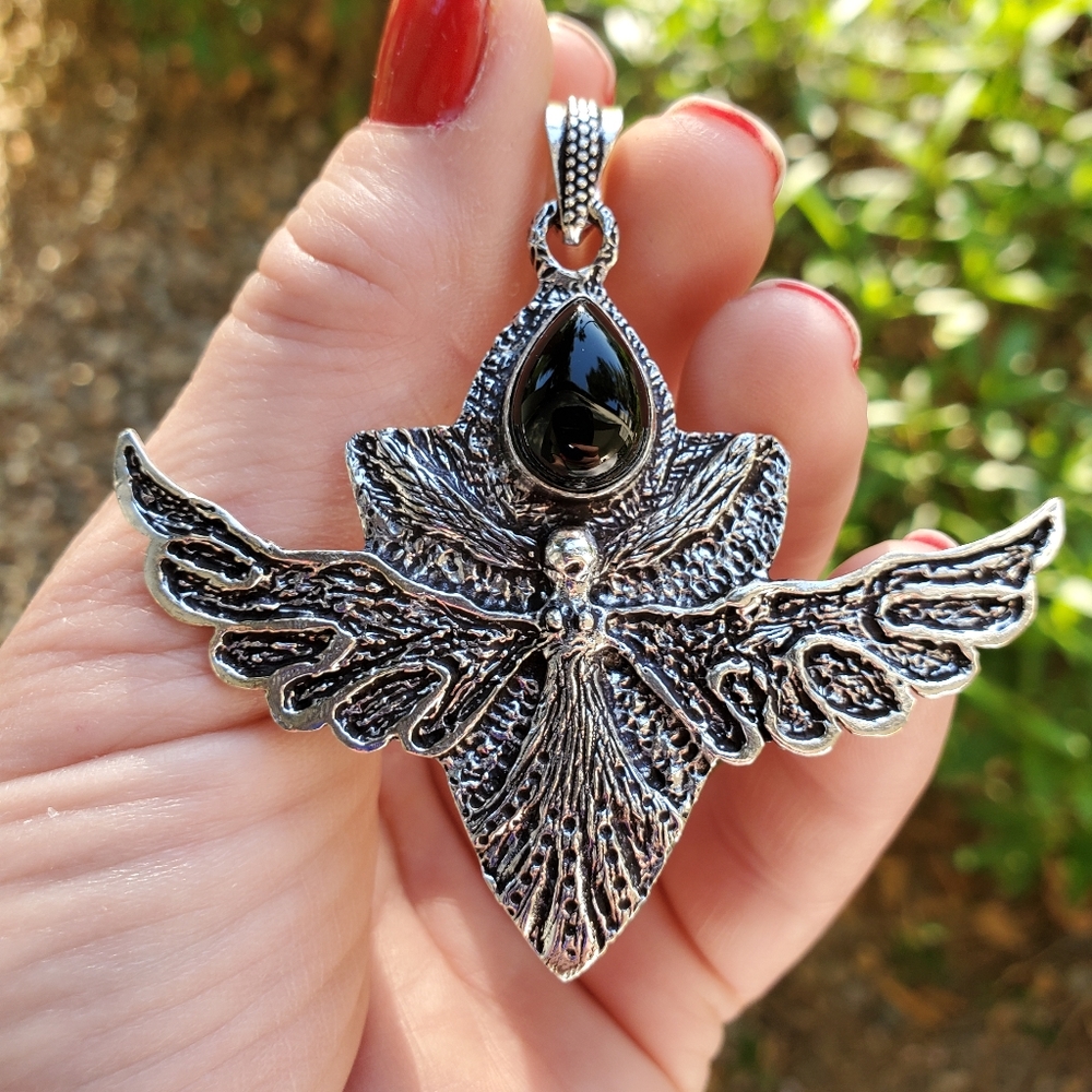 New Black Onyx Silver Luna Moth Pendant.